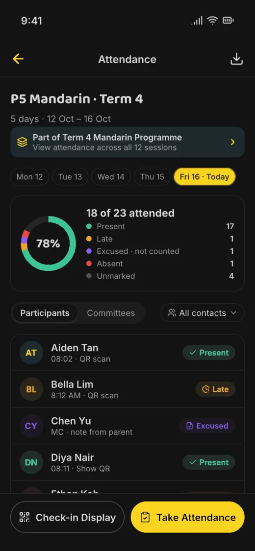 Class attendance on the WooBee app
