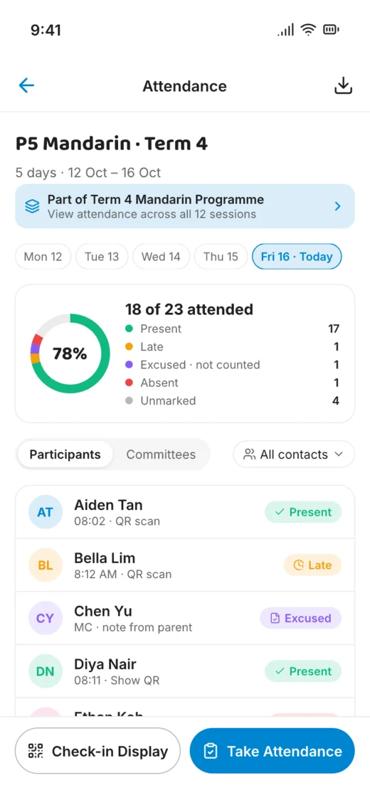 Class attendance on the WooBee app